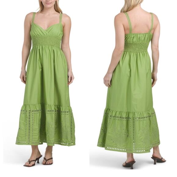 Green Smocked Waist Eyelet Midi Dress Sleeveless Size M NWT Moon River - Picture 2 of 13